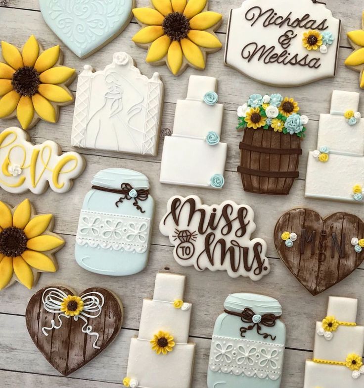 Wedding-Themed Decorative Cookies with Sunflower Accents and Joyful Color Palette.