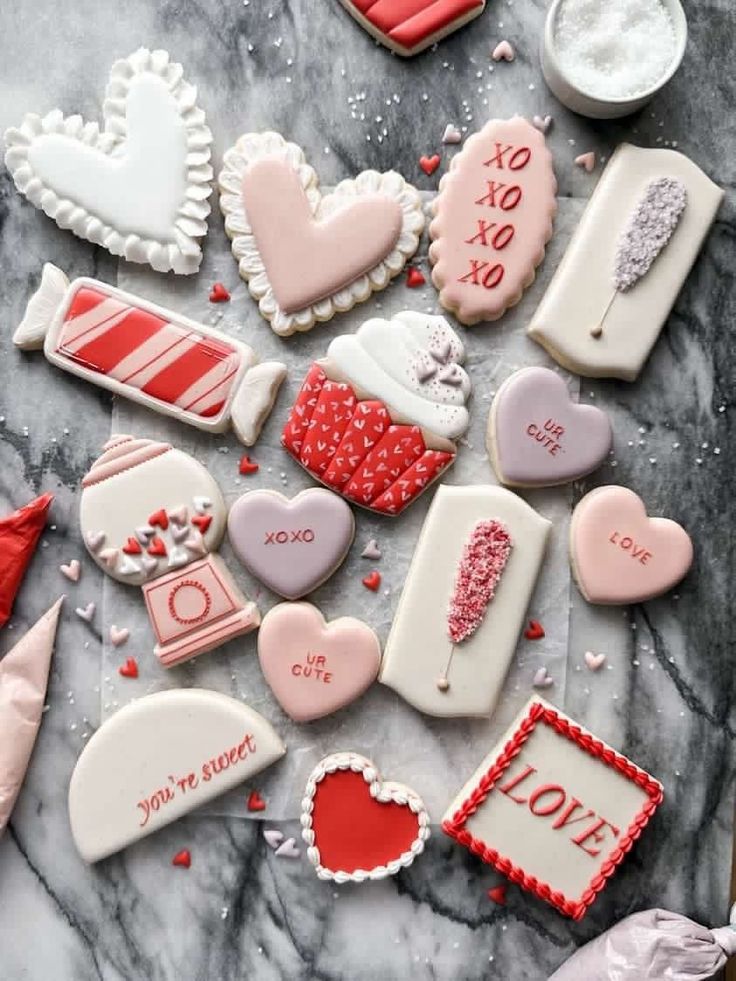 Whimsical Heart-Shaped Decorated Cookies in Soft Pastels and Bold Reds