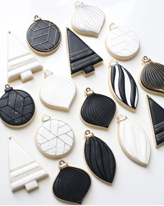 Chic Monochromatic Black and White Cookie Designs with Geometric Patterns for Festive Elegance