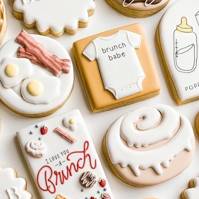 Brunch-Themed Colorful Cookies with Intricate Icing Designs.