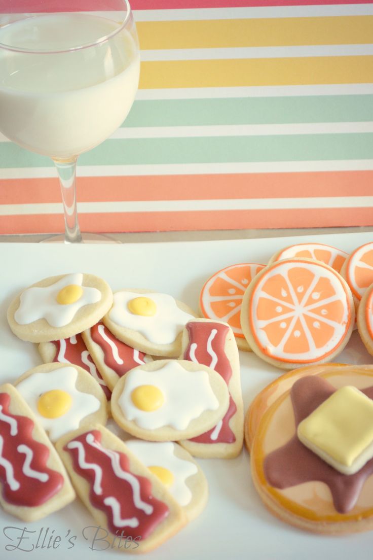 Playful Breakfast-Themed Cookie Assortment with Whimsical Designs and Vibrant Colors.