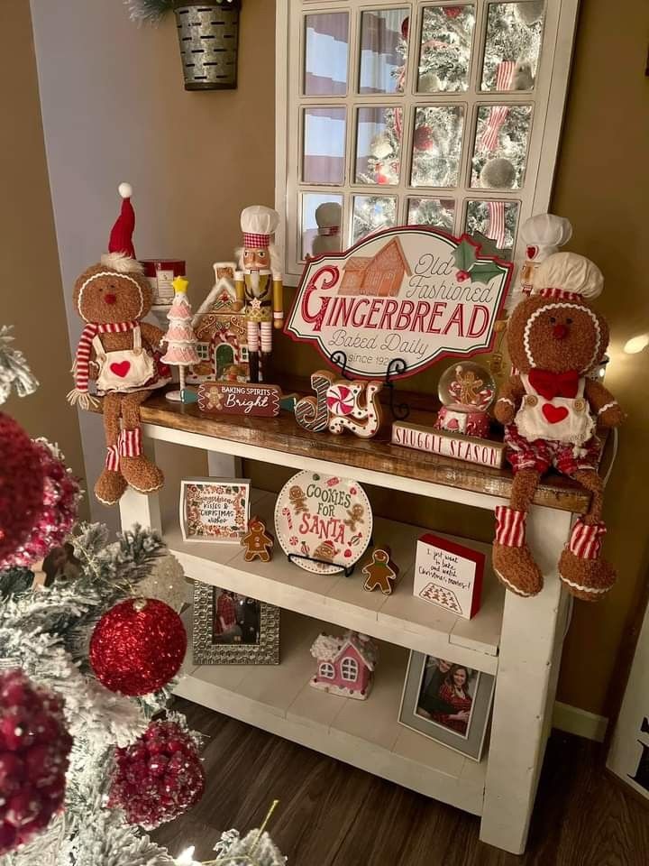 Charming Holiday Display of Whimsical Gingerbread Decor and Nostalgic Cheer.