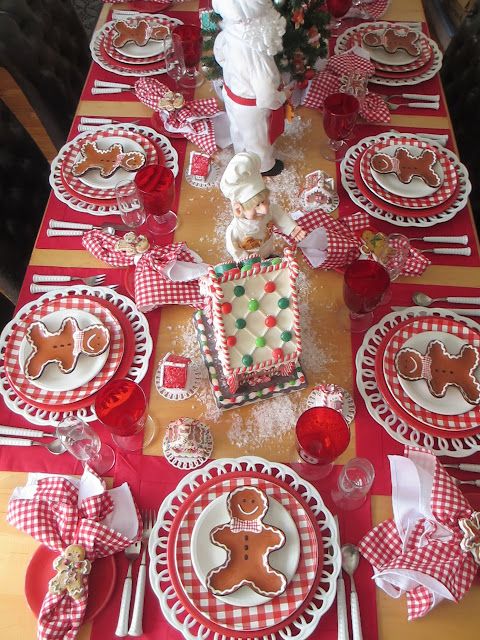 Cheerful Festive Table Setting with Gingerbread Decor and Red Accents