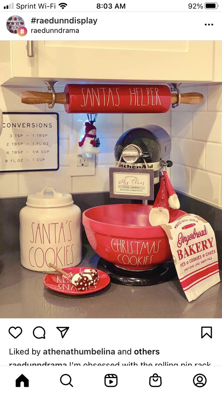 Cheerful Holiday Kitchen Decor with Whimsical Bowls and a Bright Red Rolling Pin