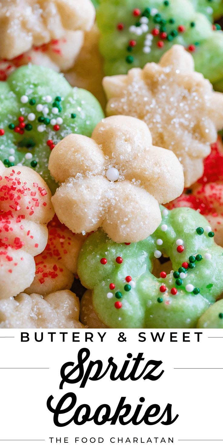 Festive Floral and Wreath-Shaped Spritz Cookies: A Colorful Delight for Holiday Celebrations.