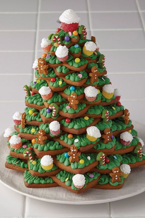 Festive Gingerbread Christmas Tree Centerpiece with Colorful Frosting and Candies.