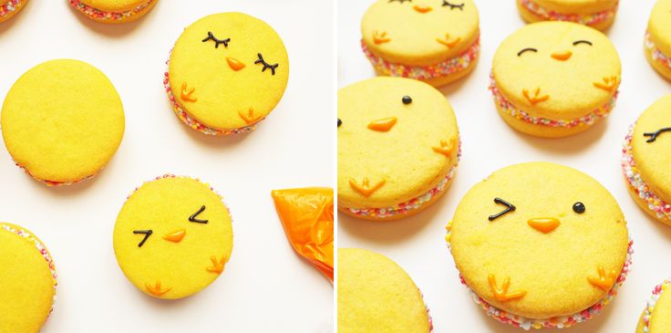 Whimsical Chick Yellow Macarons: Playful Spring Treats with Colorful Sprinkles.