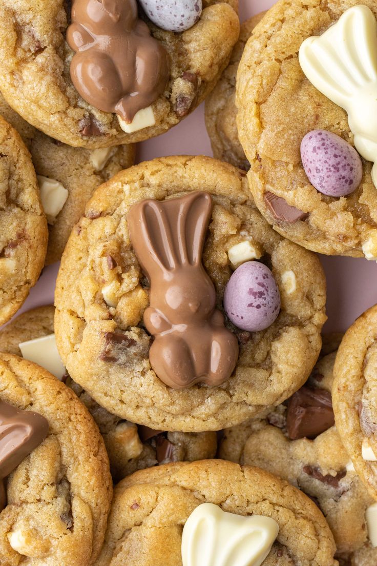 Whimsical Festive Cookies: Colorful Treats with Chocolate Bunnies and Speckled Eggs