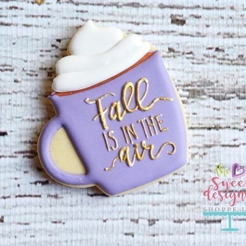 Whimsical Autumn Cookie Design with Cozy Purple Mug and Golden Lettering