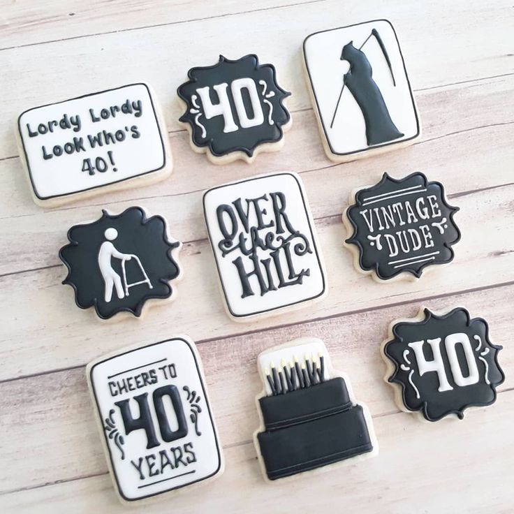 Playful Black and White Decorative Cookies Celebrating Milestone Birthdays with Humor and Nostalgia