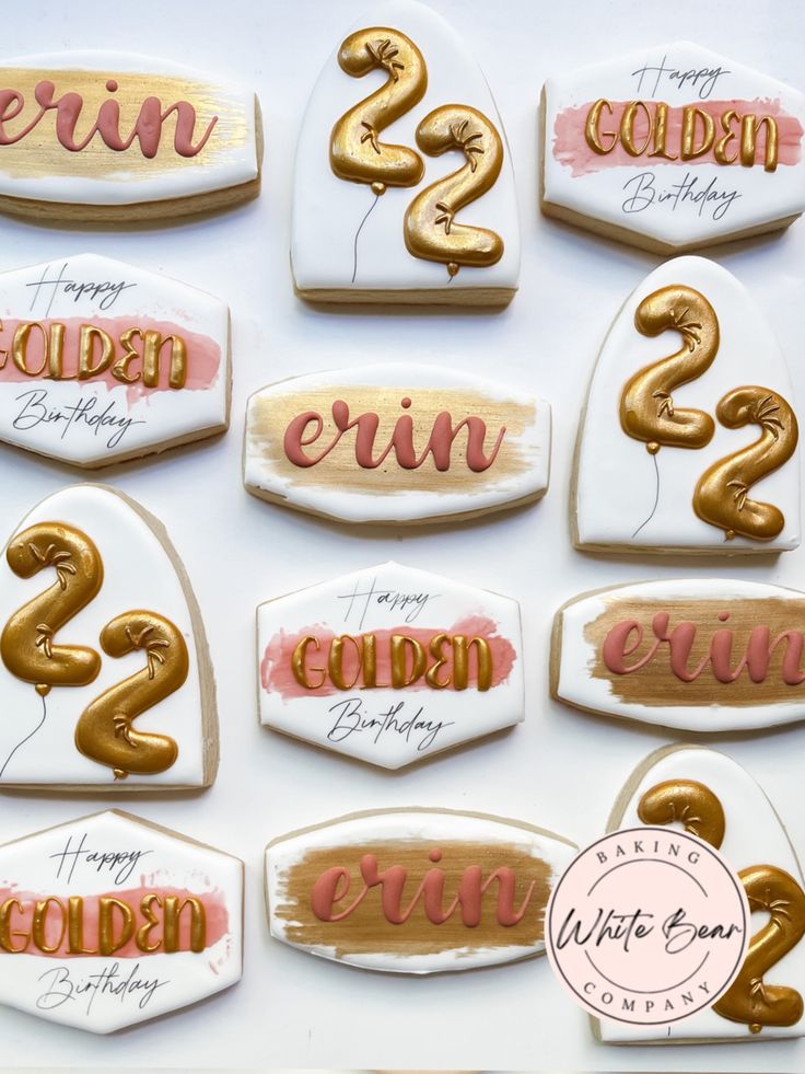 Charming Elegant Birthday Cookies with Icing, Gold Lettering, and Playful Balloon Designs.