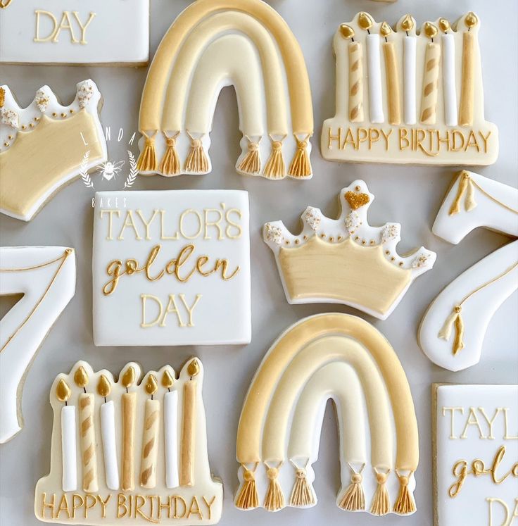 Whimsical Pastel Birthday Cookies with Golden Accents and Playful Designs.