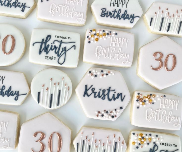 Festive Decorative Cookies with Elegant Lettering and Playful Designs for Birthday Celebrations.