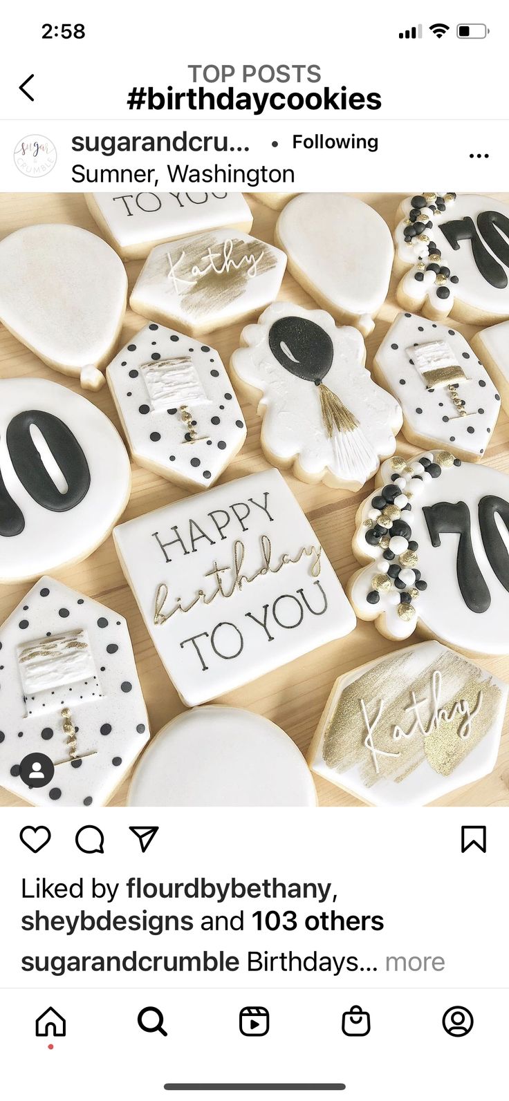 Sophisticated Birthday Cookie Assortment with Elegant Designs in White, Gold, and Black.