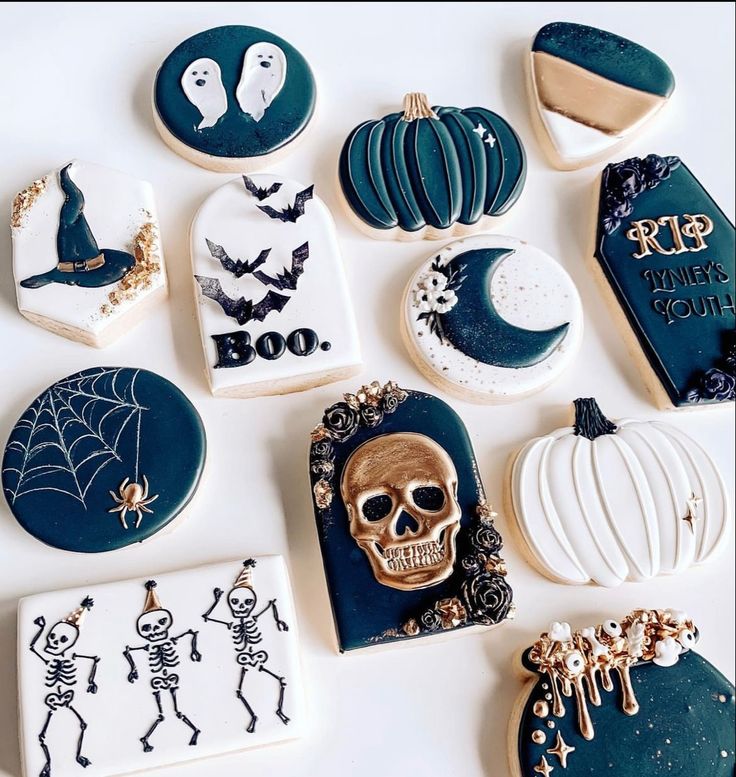 Festive Halloween-Themed Colorful Cookies with Whimsical Designs.