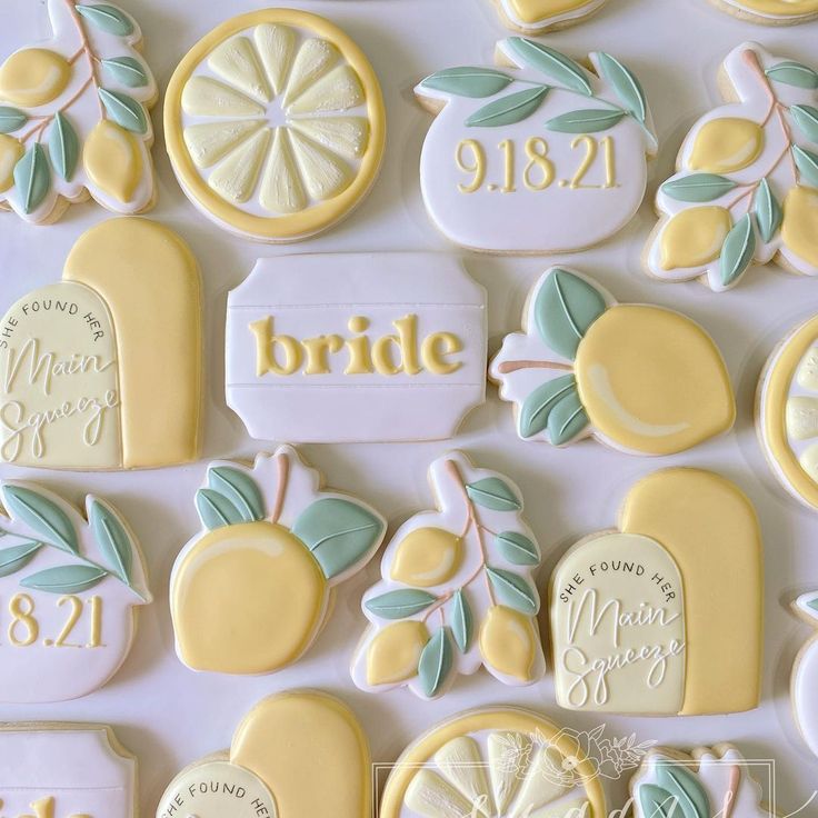 Lemon-Motif Cookies: Whimsical Pastel Designs for Elegant Spring/Summer Bridal Celebrations.