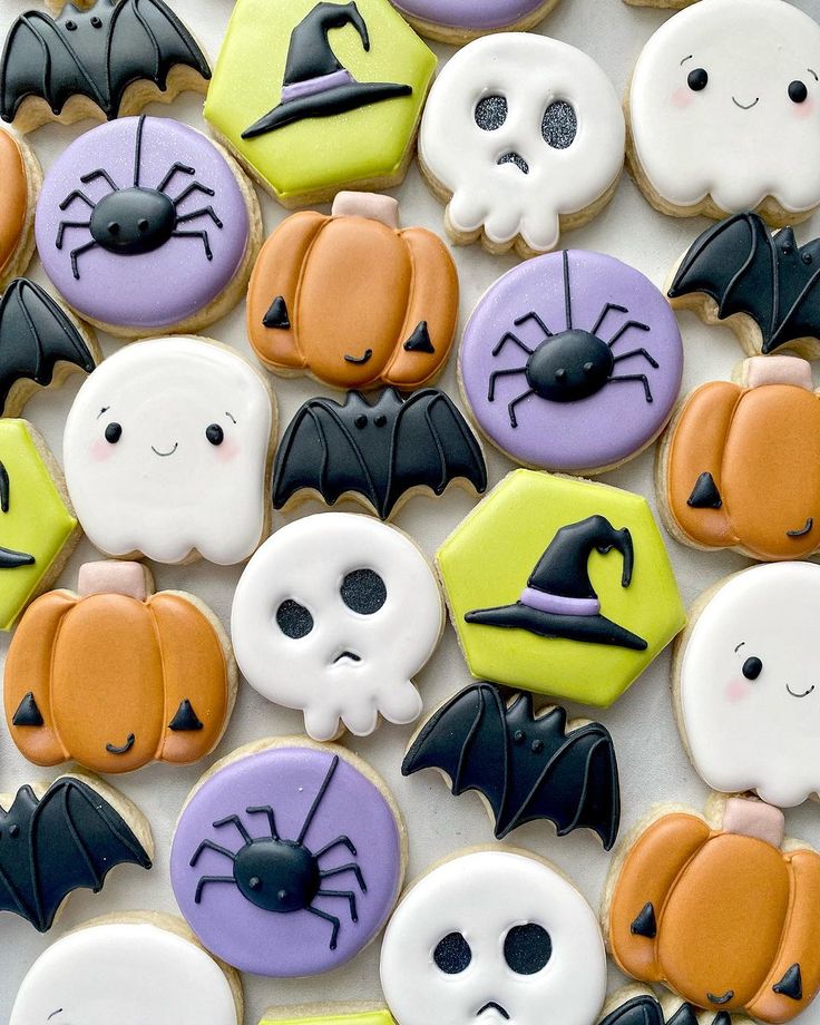 Whimsical Halloween Cookie Assortment with Adorable Designs and Festive Colors.