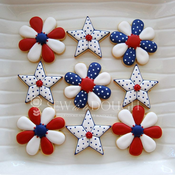 Festive Star and Flower-Shaped Cookies in Vibrant Red, White, and Blue