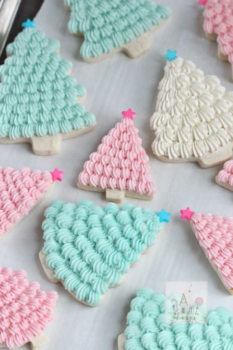 Festive Christmas Tree Cookies Decorated in Whimsical Pastel Frosting