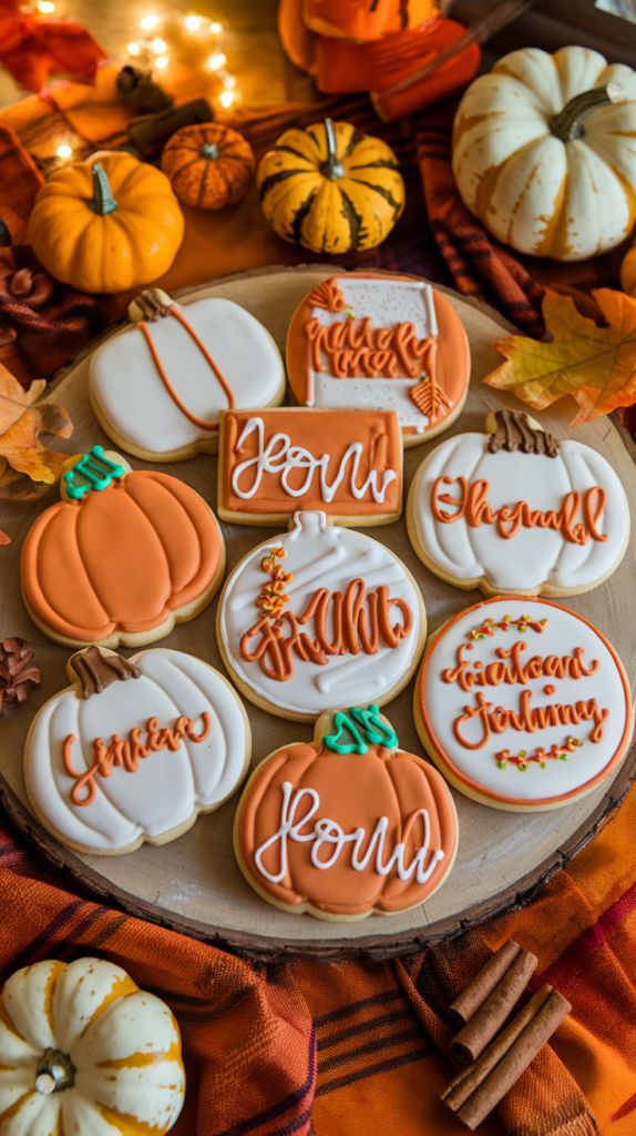 Festive Autumn Cookies with Intricate Icing and Pumpkin Motifs Create a Cozy Seasonal Display.