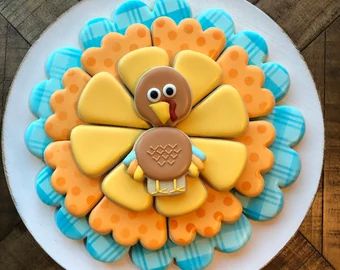 Festive Colorful Cookie Platter with Whimsical Turkey Centerpiece