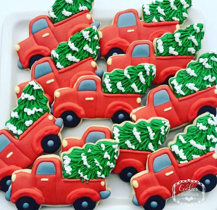 Festive Vintage Truck Cookies Decorated with Mini Christmas Trees.