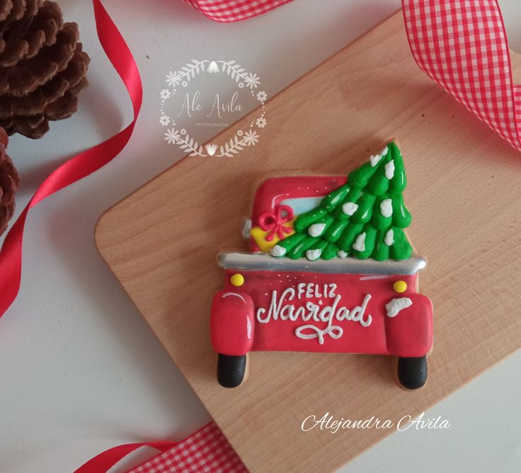 Cheerful Festive Nail Art Featuring a Vibrant Red Car with Christmas Tree.