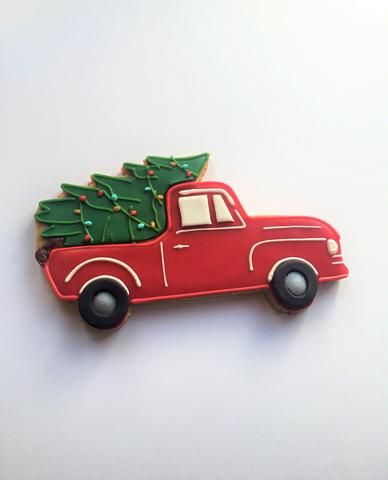 Vintage Red Truck Cookie Design with Christmas Tree and Colorful Lights.