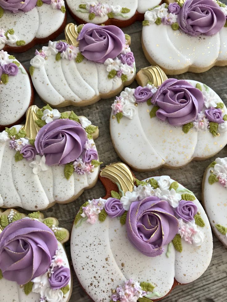 Charming Seasonal Delicacies: Elegant Pumpkin Designs with Purple Roses and Golden Accents.