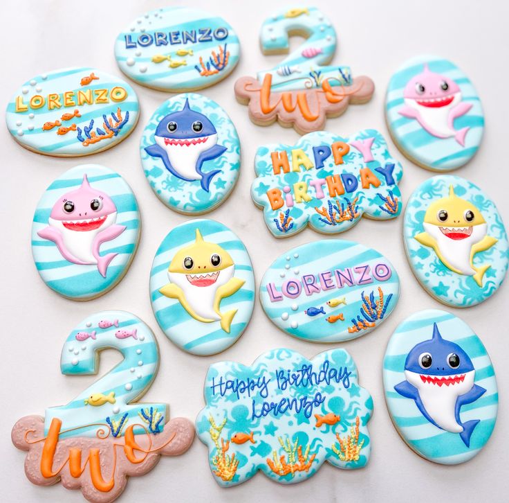 Whimsical Shark-Themed Cookies: Vibrant Treats Perfect for Birthday Celebrations.