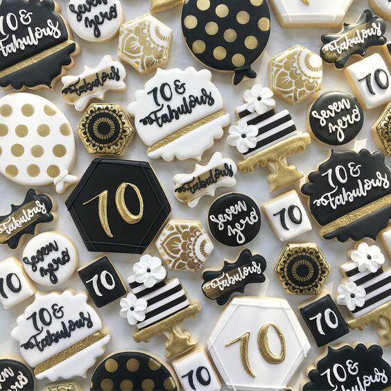 Elegant Black, Gold, and White Themed Cookies for Milestone Celebrations.