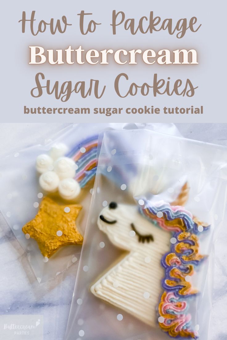 Whimsical Unicorn and Star Decorative Sugar Cookies in Vibrant Buttercream with Clear Packaging.