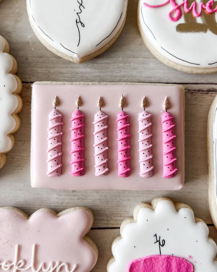 Playful Whimsical Birthday Nail Design with Pink Pastel Candle Shapes and Intricate Details.