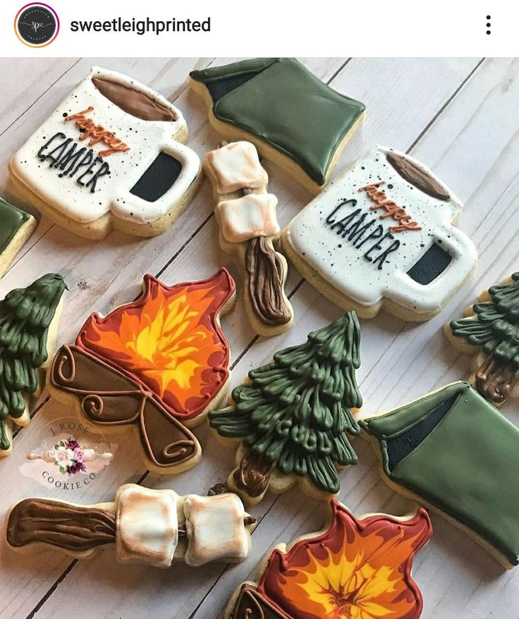 Camping-Inspired Colorful Cookie Designs Featuring Playful Outdoor Elements.