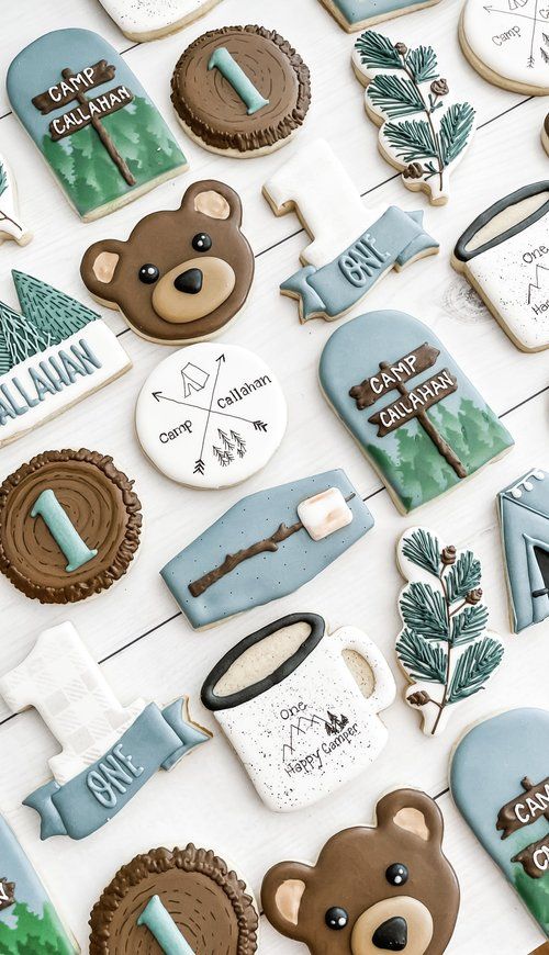 Camping-Inspired Colorful Cookie Designs Featuring Nature and Wildlife Elements