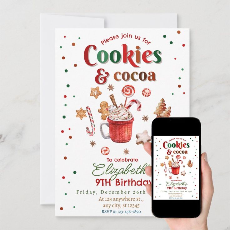 Cozy Festive Birthday Invitation: Whimsical Cookies and Cocoa Design