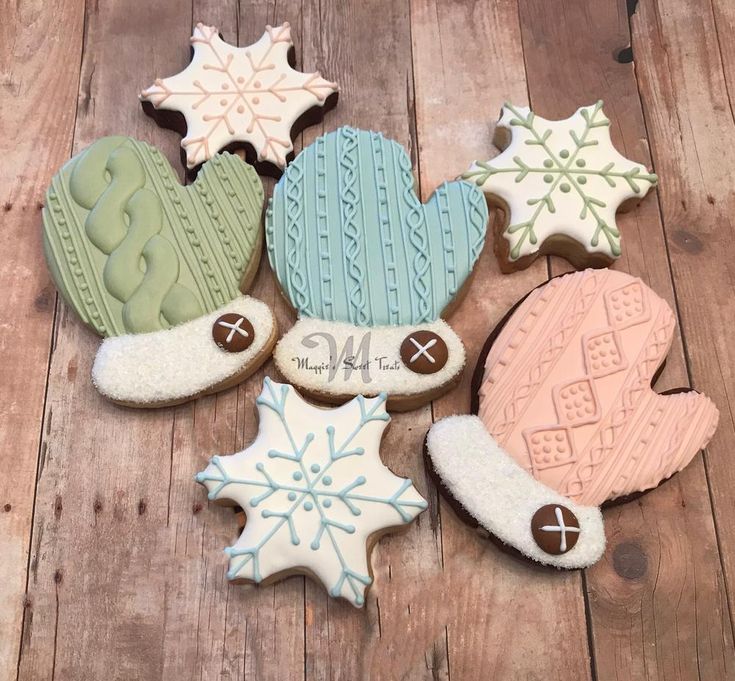 Whimsical Winter-Inspired Colorful Cookies with Mittens and Snowflakes.