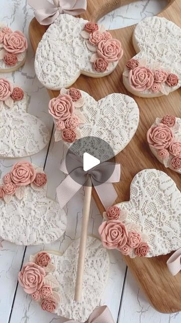 Elegant Heart-Shaped Cookies with Lace Patterns and Pink Roses for Romantic Occasions