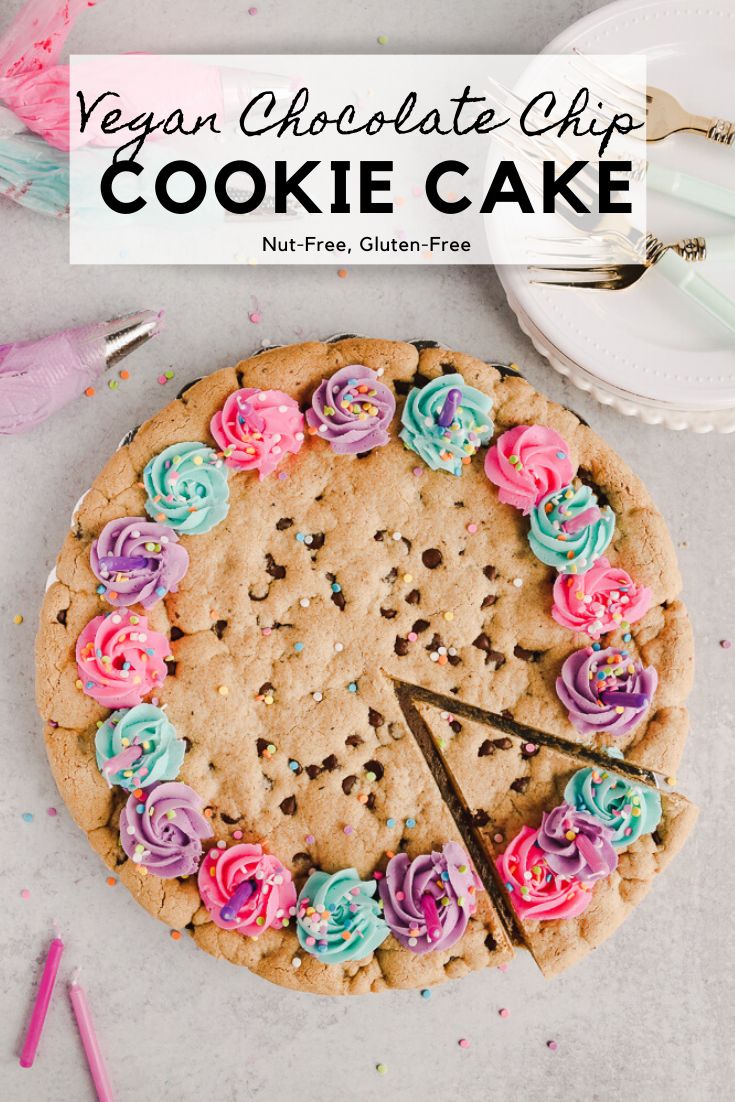 Festive Vegan Chocolate Chip Cookie Cake with Colorful Frosting and Sprinkles