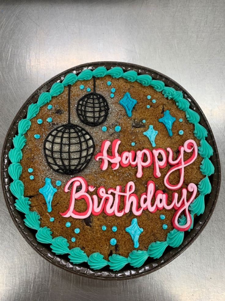 Vibrant Birthday Cake Design with Teal Frosting, Disco Ball Motifs, and Swirling Pink Typography