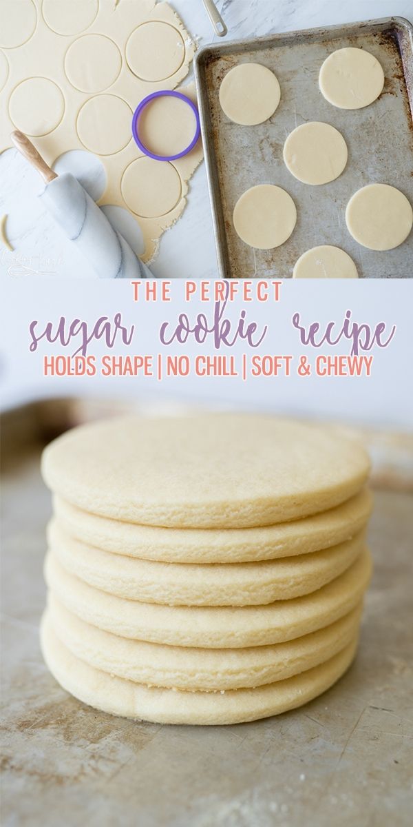 Neatly stacked circular sugar cookies ready for baking, accompanied by a rolling pin and cookie cutter.