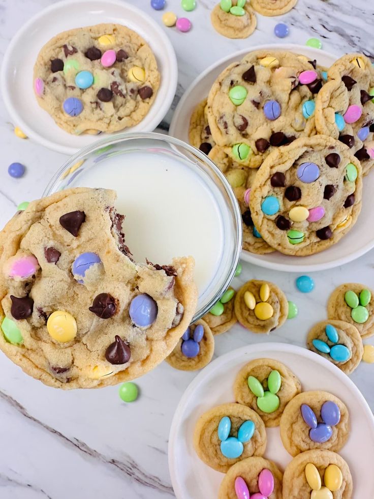 Vibrant Cookie Display with Chocolate Chips, Colorful Candies, and Playful Bunny Shapes.