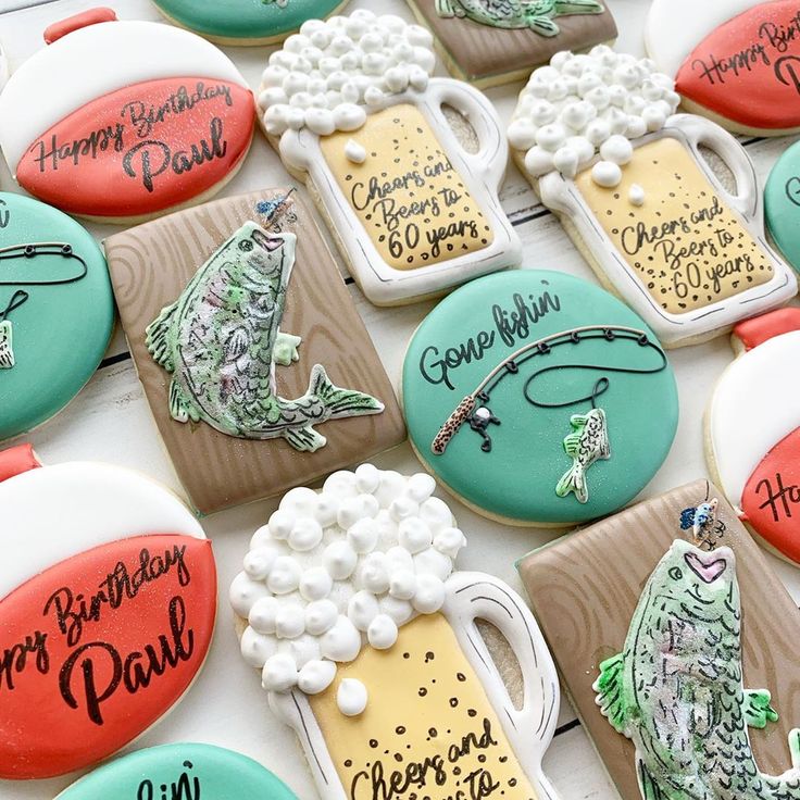 Vibrant Fishing and Brewing-Themed Decorated Cookies for Celebrations.