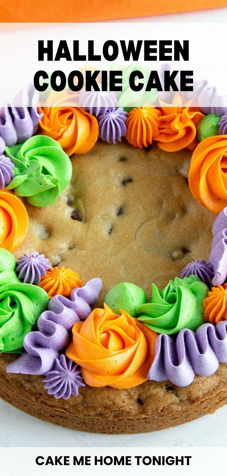 Vibrant Halloween Cookie Cake: A Festive Delight with Colorful Frosting and Whimsical Decor.