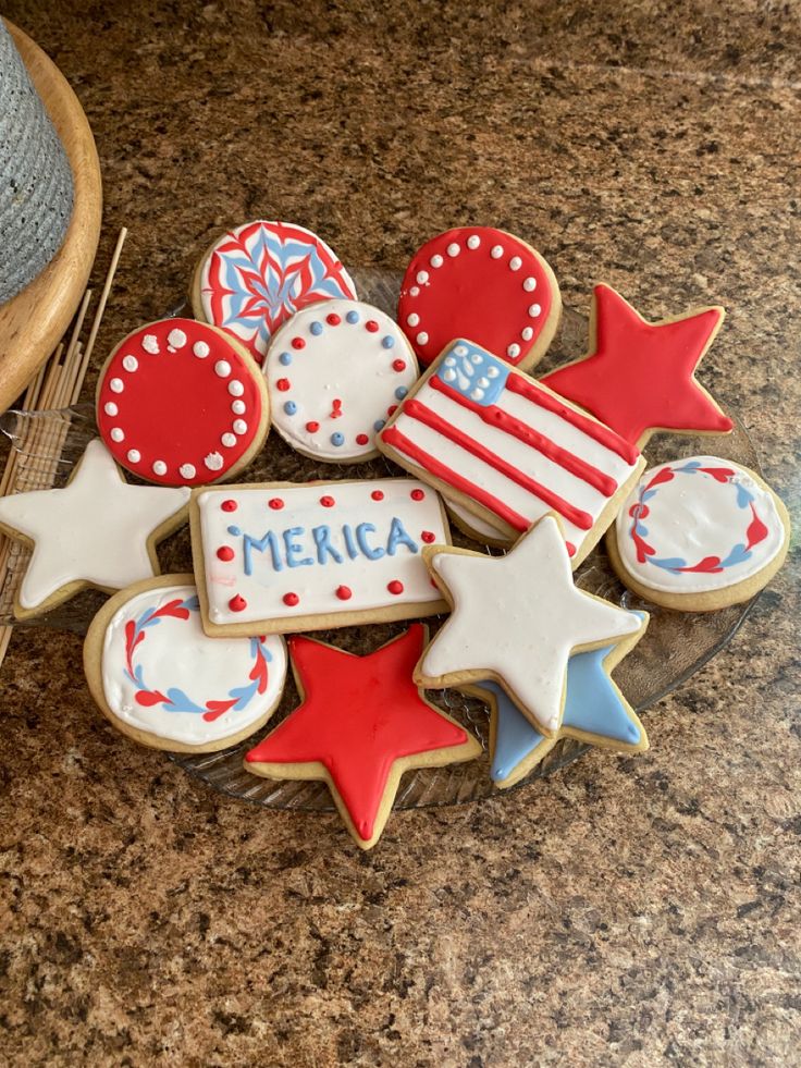 Festive Patriotic Cookie Platter with Colorful Star and Circle Shapes.