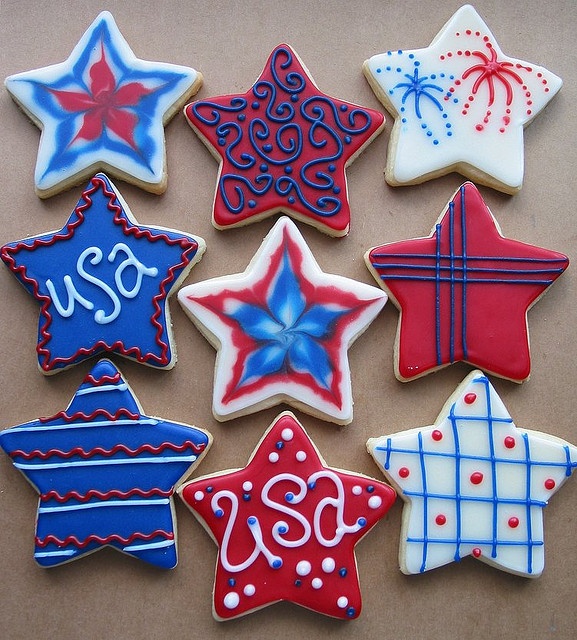 Patriotic Star-Shaped Cookies with Festive Icing Designs for Holiday Celebrations