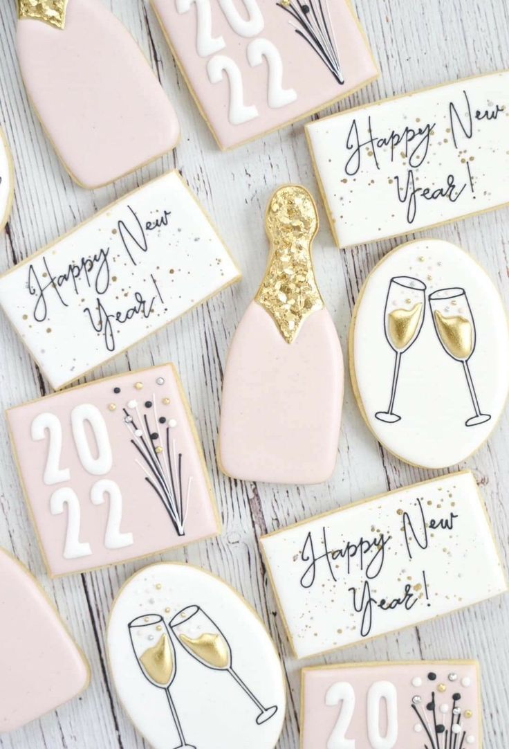 Festive Elegant New Year's Cookies in Soft Pastel Colors with Intricate Designs.