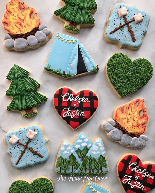 Outdoor-Themed Colorful Cookies: Cozy Designs with Trees, Tents, and Heart Patterns for Celebrations.