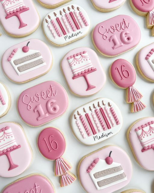 Festive Sweet 16 Birthday Cookies with Colorful Designs and Elegant Motifs.