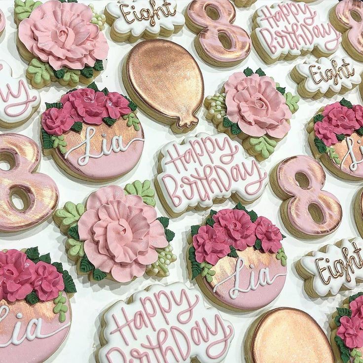 Festive Floral Birthday Cookies: Cheery Delights in Pink and Gold for Kids' Celebrations